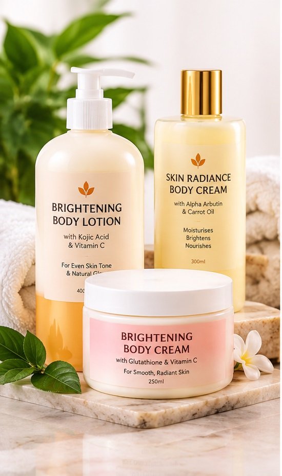 Selection of brightening body lotions and creams