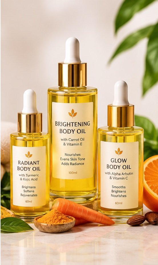 Brightening body oil bottles with natural ingredients