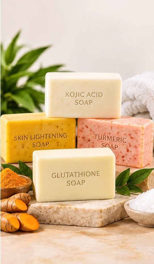 Brightening soap bars arranged on a surface