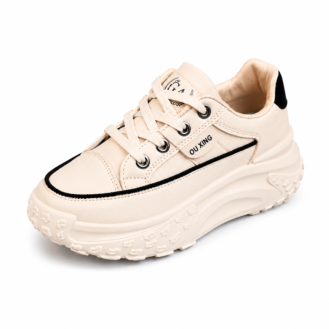 Women’s Beige Chunky Platform Trainers Lace-Up Casual Fashion Sneakers