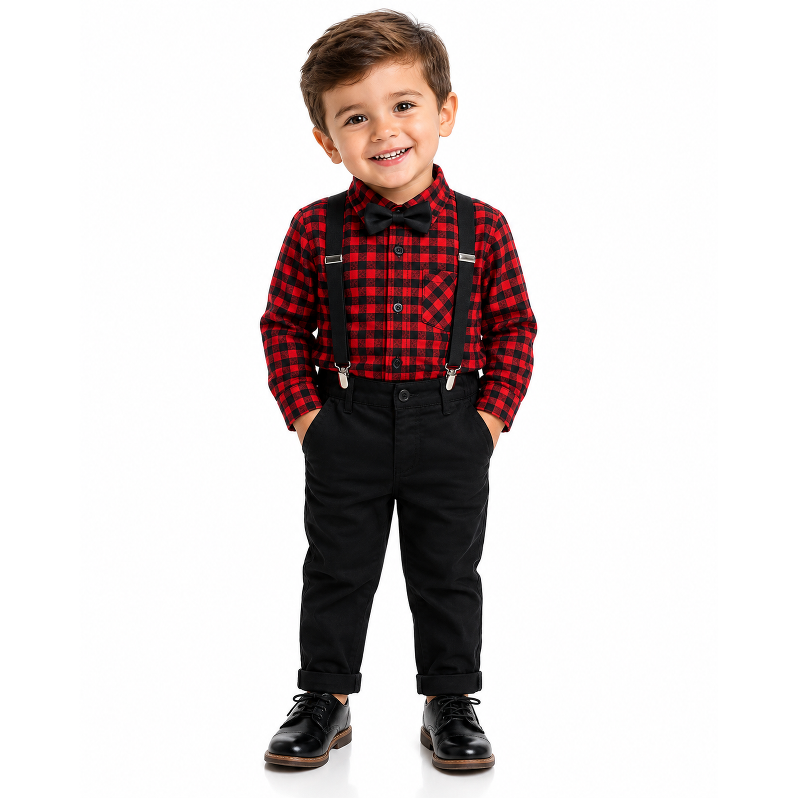 Boys Red & Black Check Shirt, Trousers, Bow Tie & Suspenders Smart Outfit Set