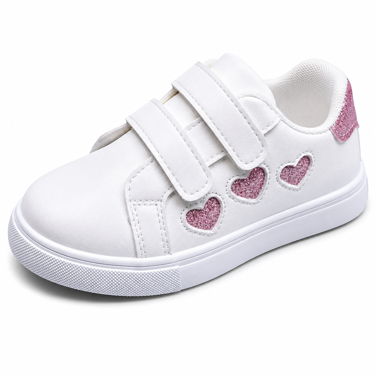 Girls White Trainers with Pink Glitter Hearts  Triple Strap Casual Shoes