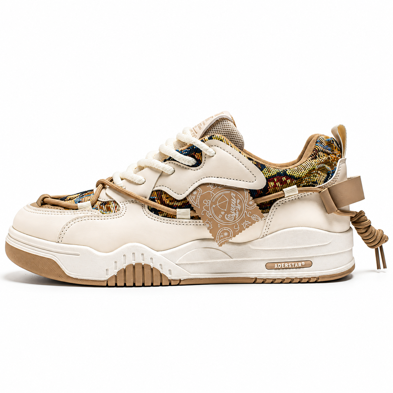 Unisex Beige Patchwork Chunky Trainers – Retro Streetwear Lace-Up Sneakers