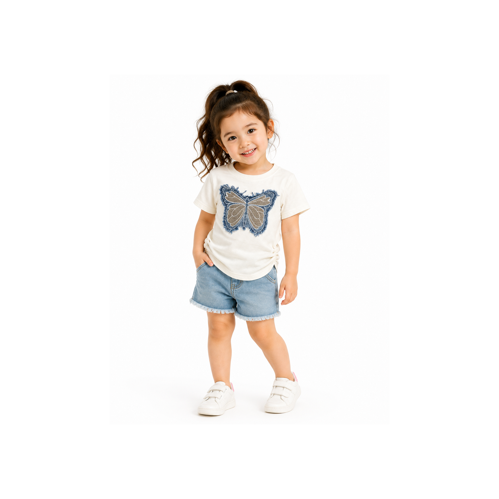 Girls Cream Butterfly Appliqué T-Shirt Denim Embroidered Short Sleeve Top