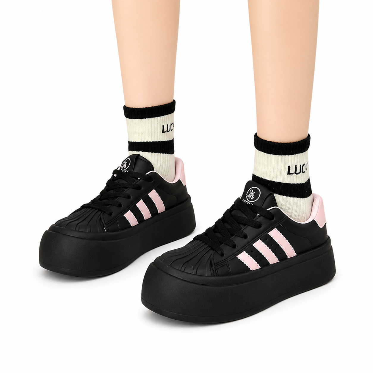 Black & Pink Chunky Platform Trainers  Retro Lace-Up Sneakers