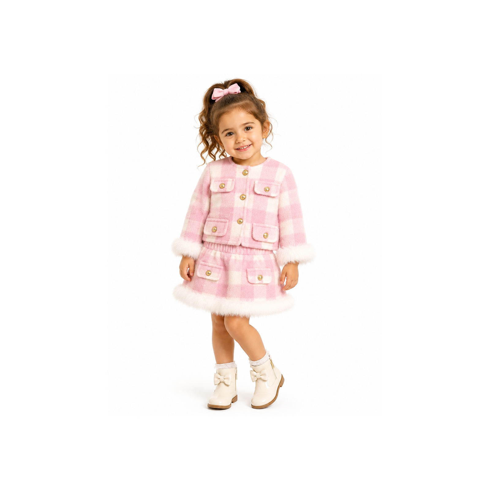 Girls’ Pink & Cream Check Faux-Fur Trim Jacket & Skirt Set 2 Piece Outfit