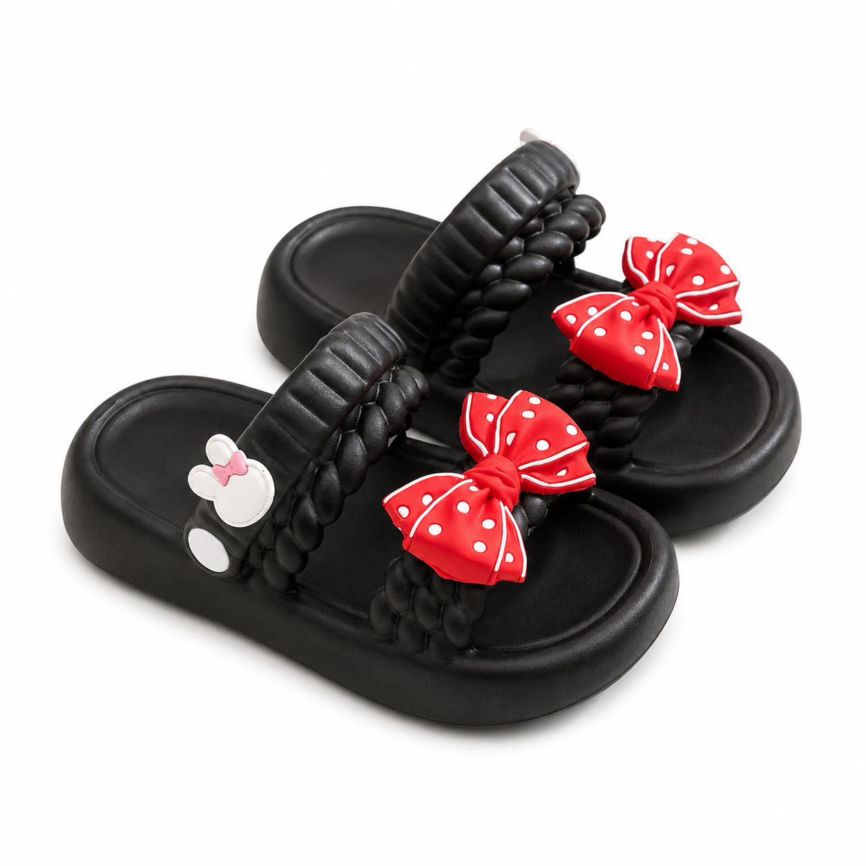 Girls Black Bow Slide Sandals  Red Polka Dot Summer Sliders