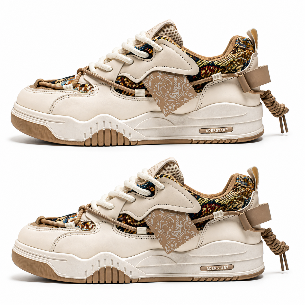 Unisex Beige Patchwork Chunky Trainers – Retro Streetwear Lace-Up Sneakers
