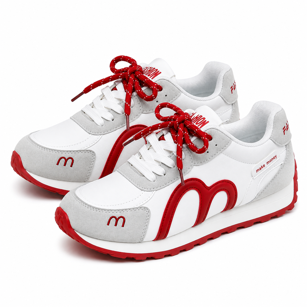 Women’s White, Grey & Red Retro Lace-Up Trainers Casual Fashion Sneakers