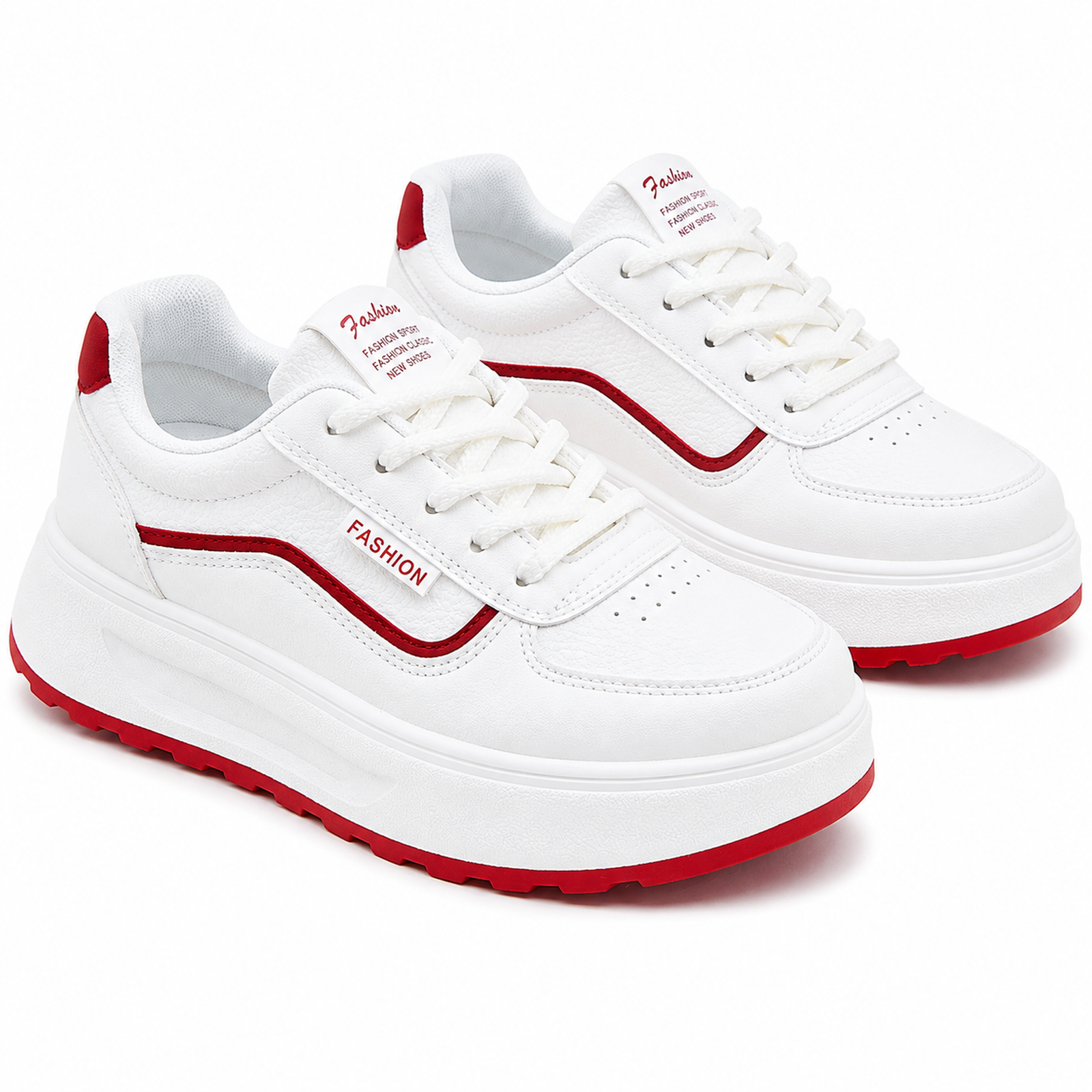 White & Red Chunky Platform Trainers – Lace-Up Casual Fashion Sneakers