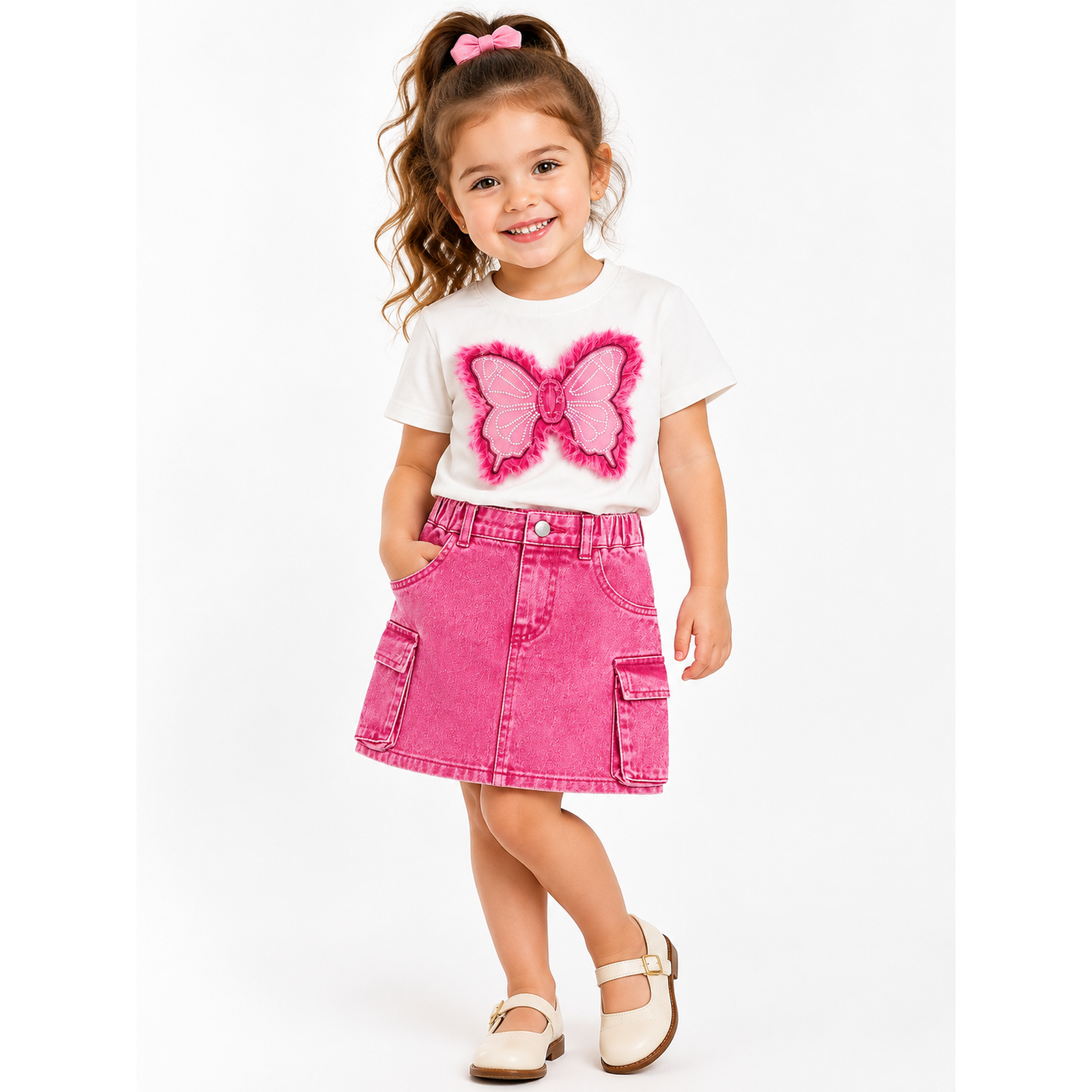 Girls’ White Butterfly T-Shirt & Pink Cargo Denim Skirt Set  2 Piece Outfit