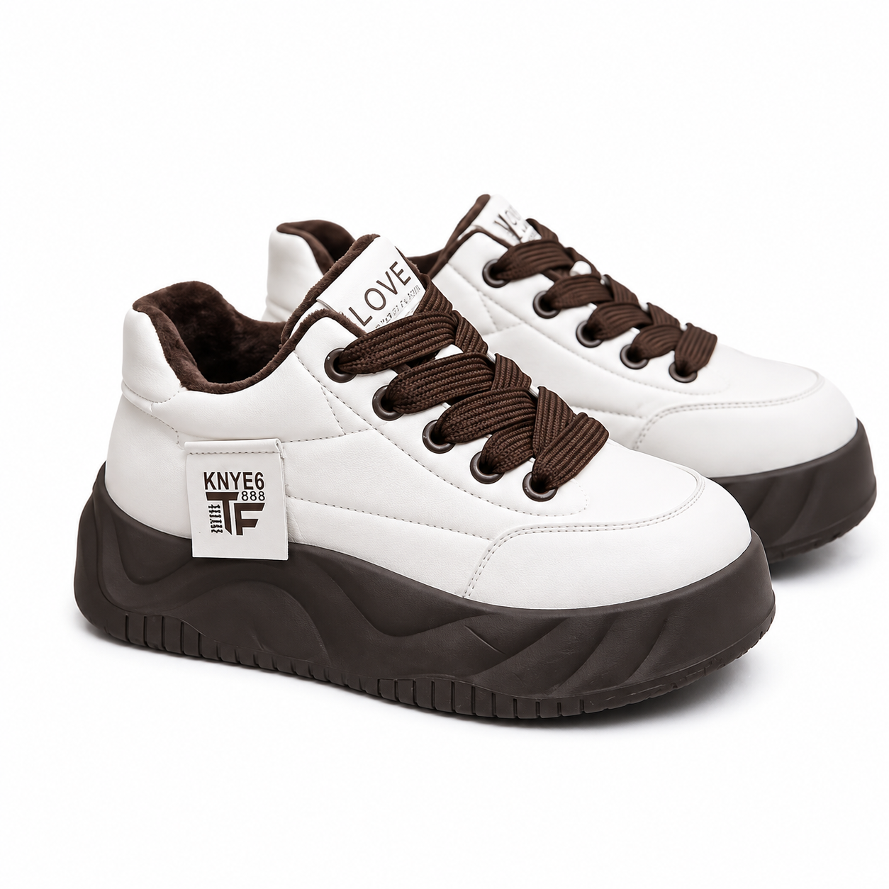 Women’s White & Chocolate Brown Chunky Platform Trainers  Lace-Up Fashion Sneakers