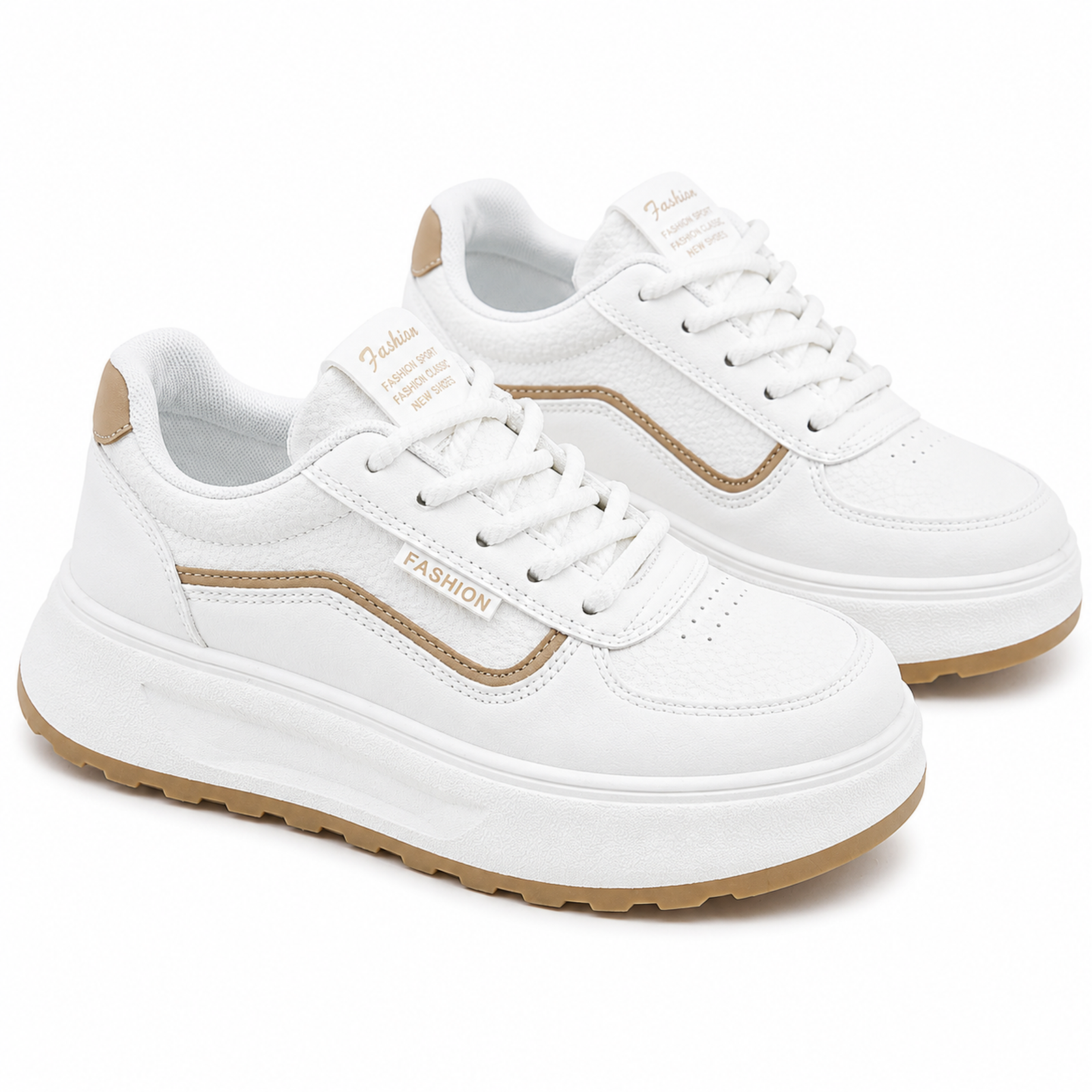 White & Beige Chunky Platform Trainers Lace-Up Casual Fashion Sneakers