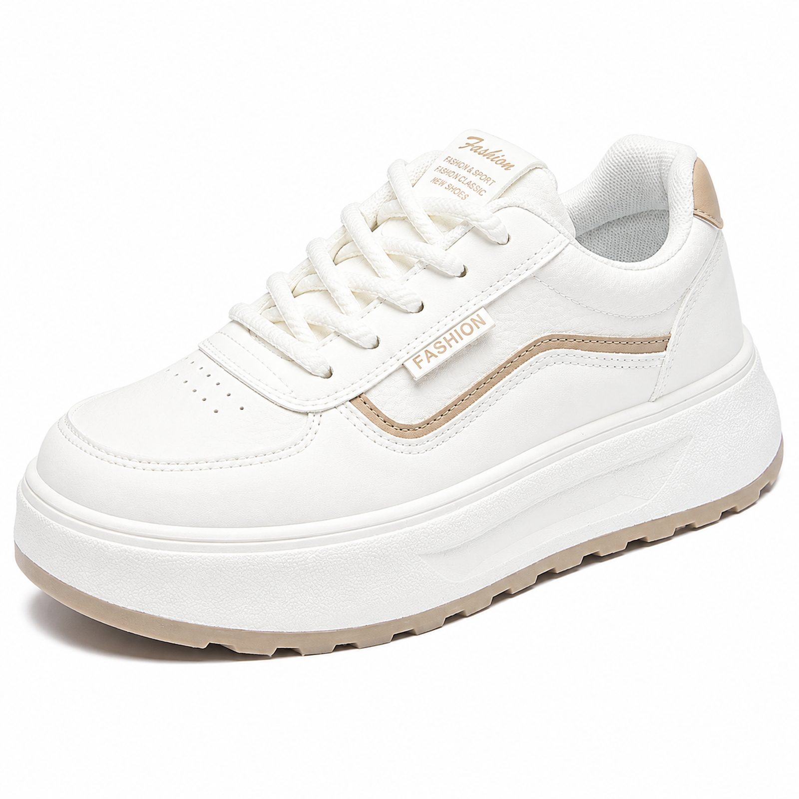White & Beige Chunky Platform Trainers Lace-Up Casual Fashion Sneakers