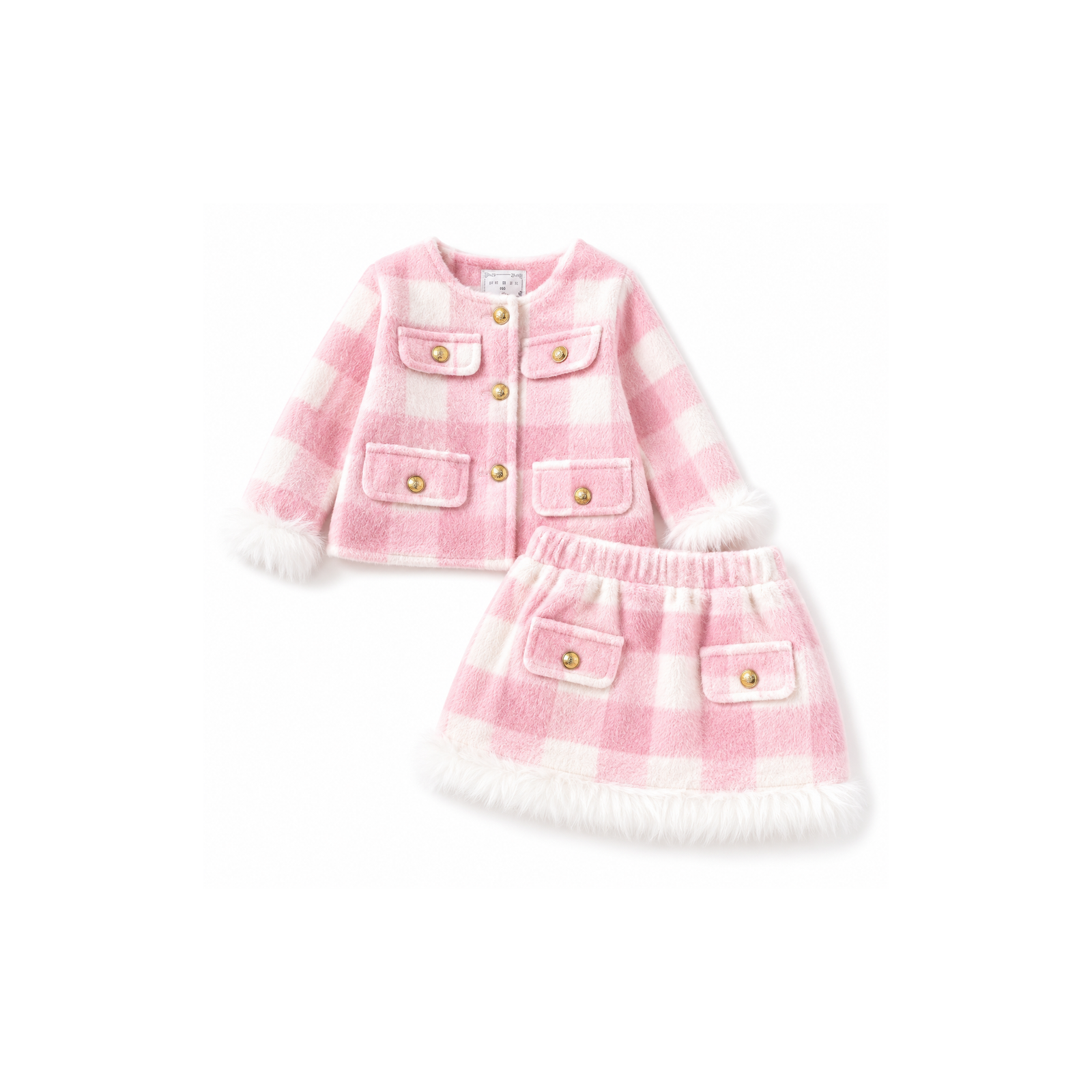 Girls’ Pink & Cream Check Faux-Fur Trim Jacket & Skirt Set 2 Piece Outfit
