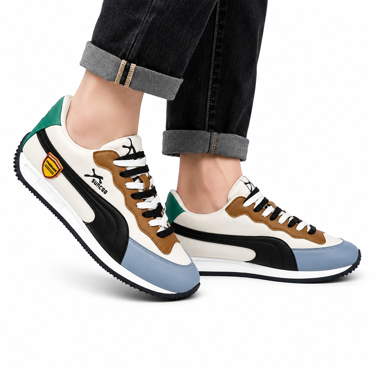 Men’s Retro Colour-Block Lace-Up Trainers  Cream, Blue, Brown & Green Casual Sneakers
