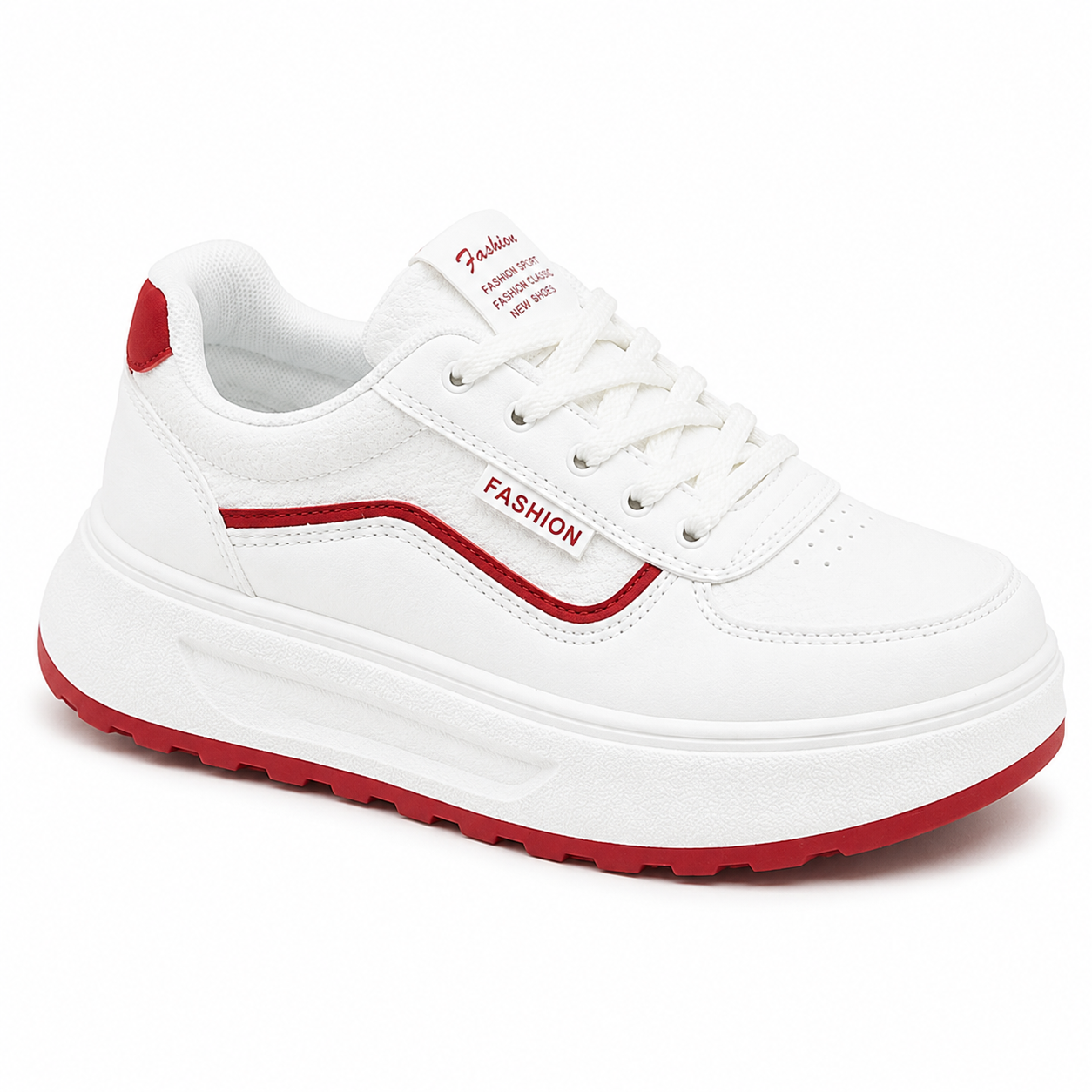 White & Red Chunky Platform Trainers – Lace-Up Casual Fashion Sneakers