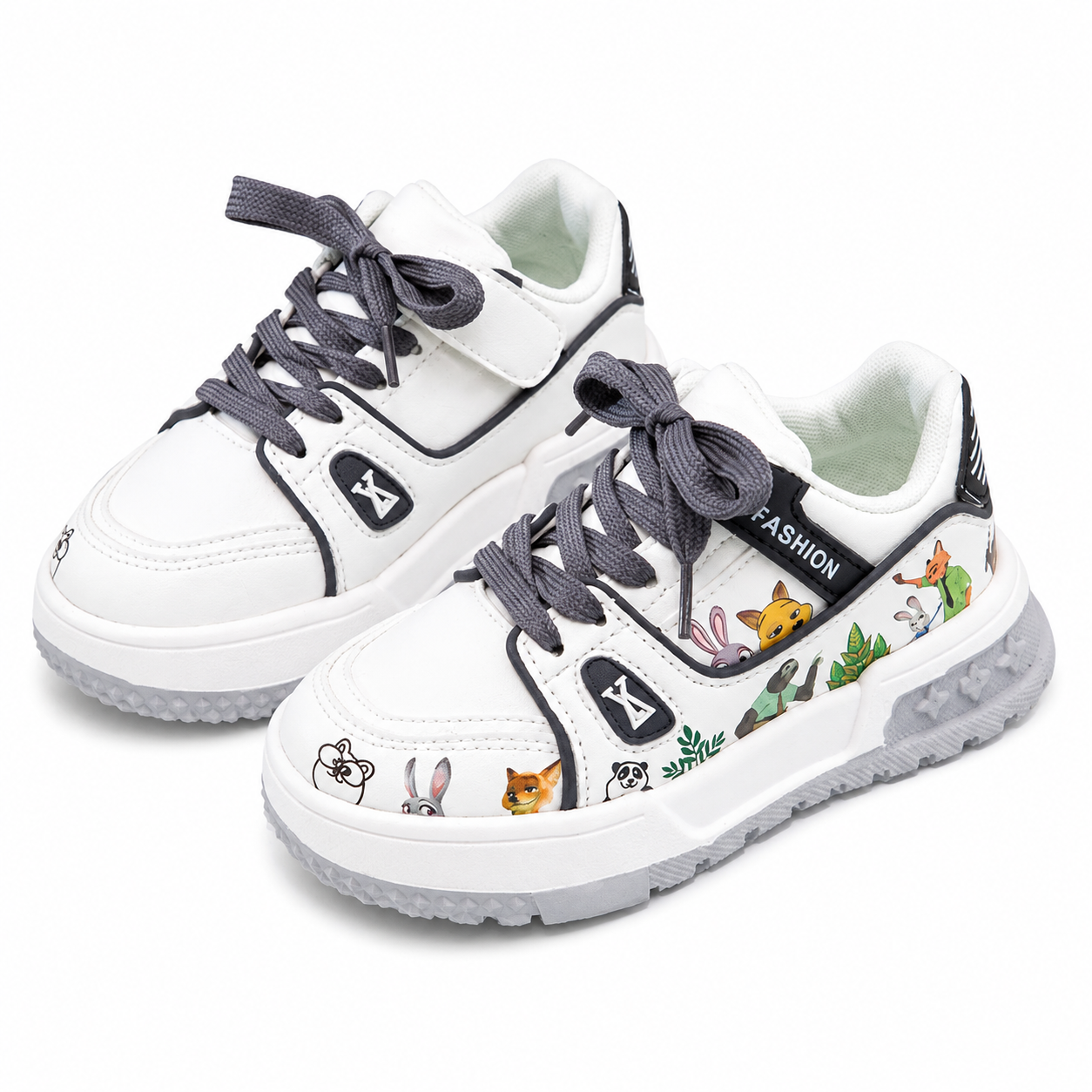 Kids White & Navy Animal Print Chunky Trainers  Cute Cartoon Sneakers