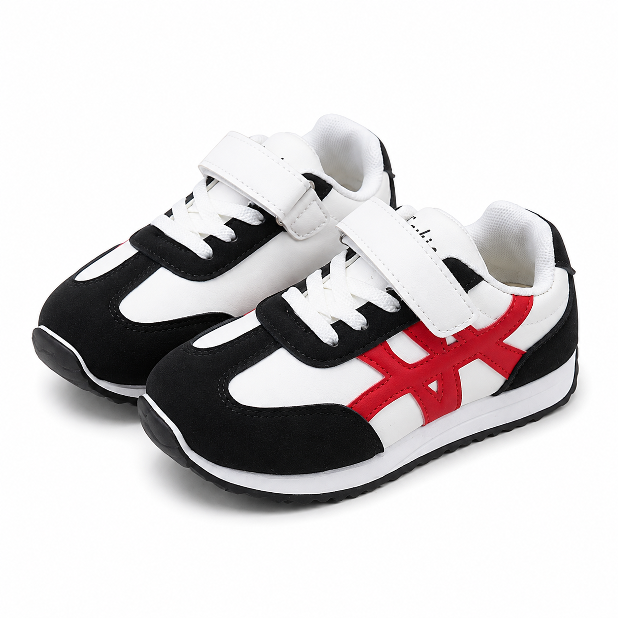 Kids White, Black & Red Retro Trainers  Hook & Loop Casual Sneakers