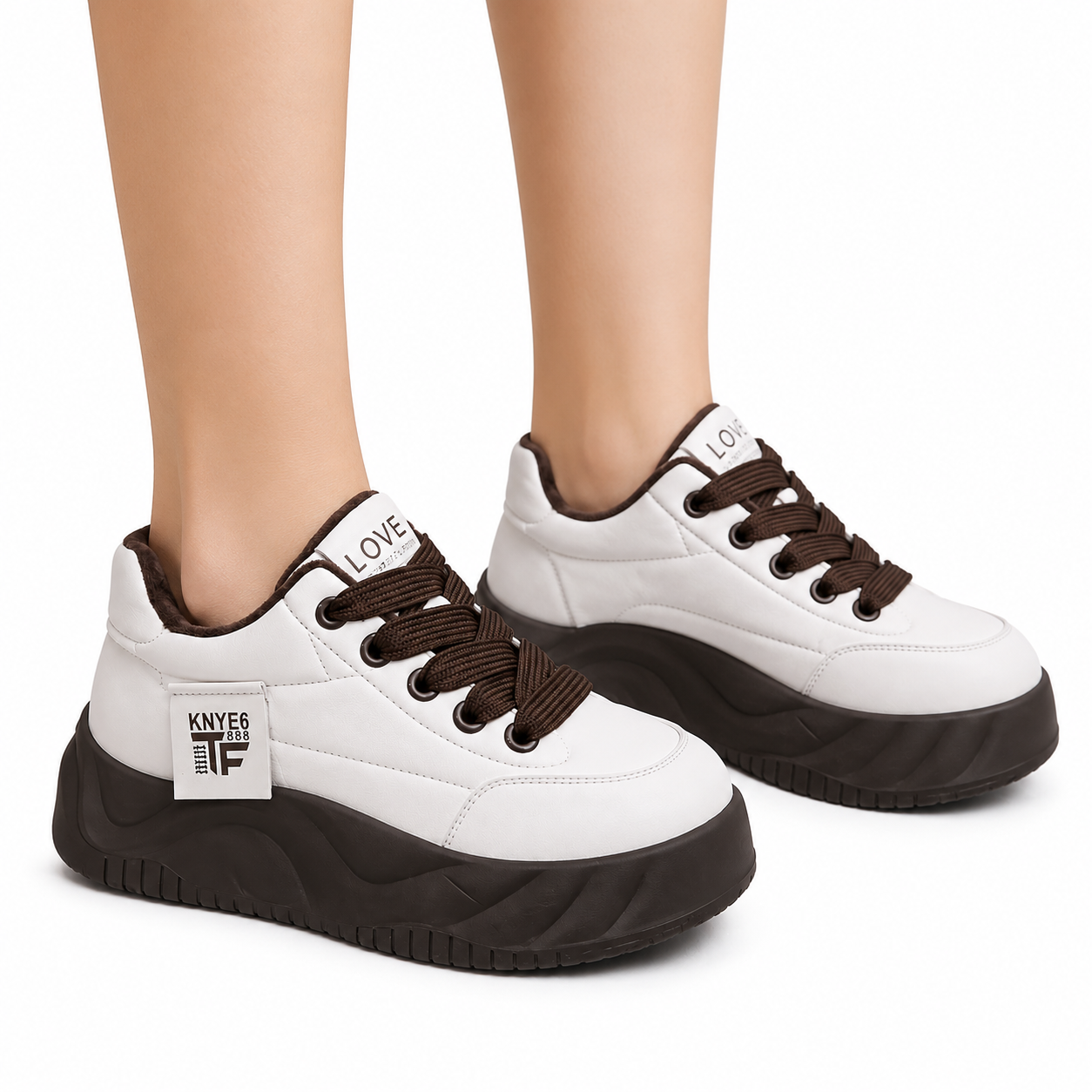 Women’s White & Chocolate Brown Chunky Platform Trainers  Lace-Up Fashion Sneakers