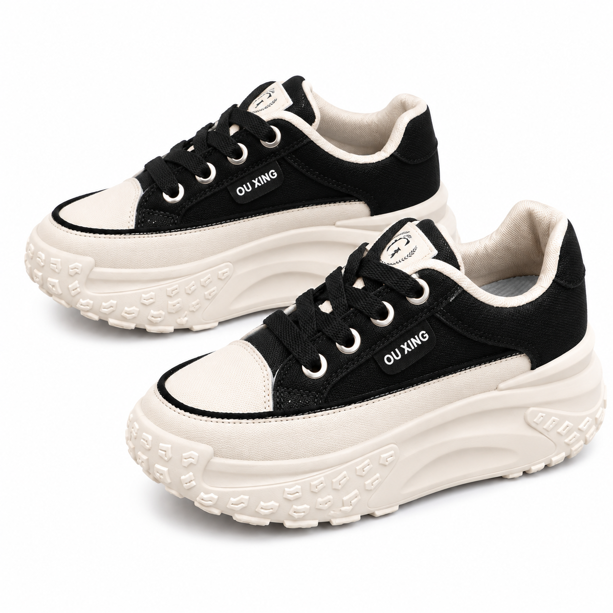 Women’s Black & Cream Chunky Platform Trainers  Lace-Up Fashion Sneakers
