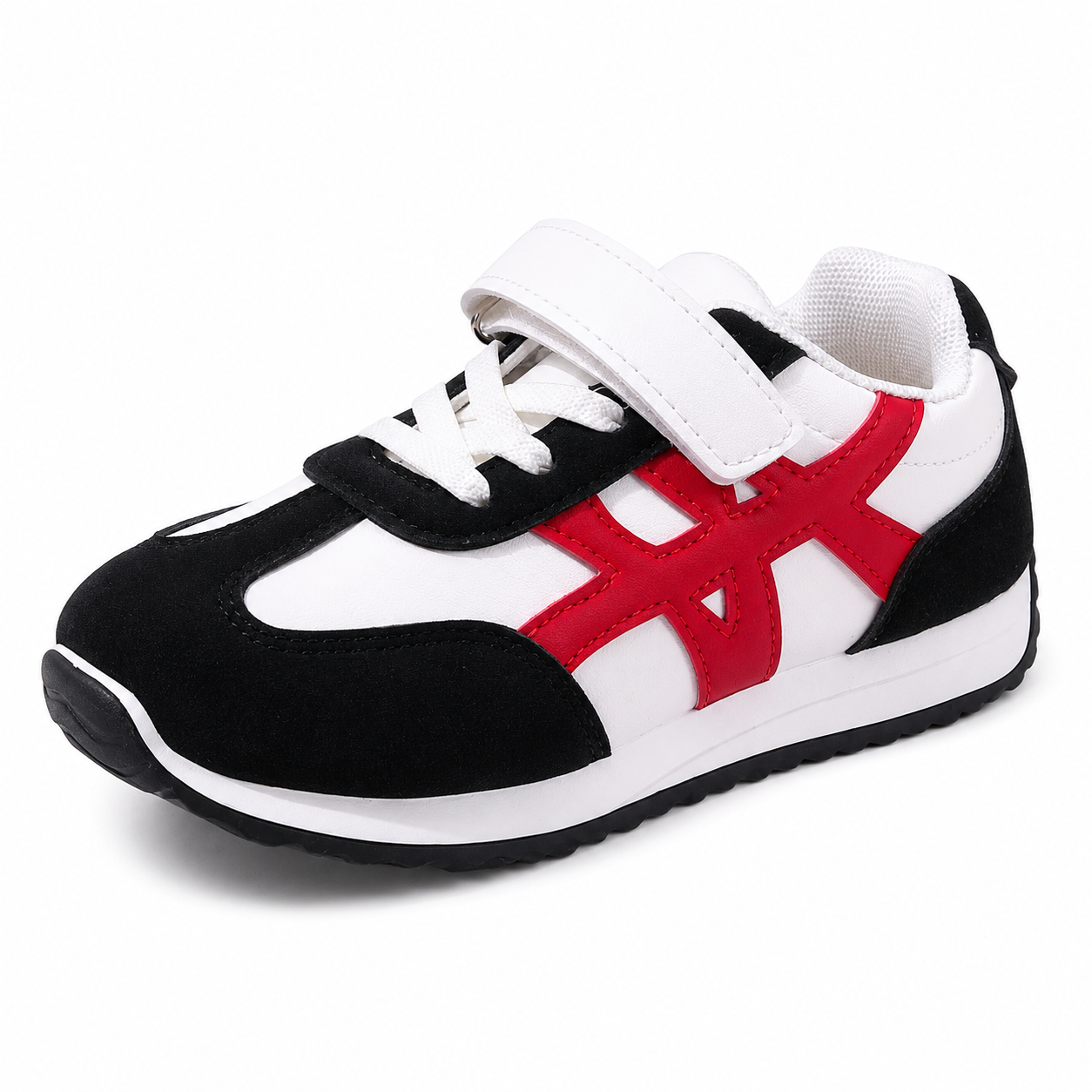 Kids White, Black & Red Retro Trainers  Hook & Loop Casual Sneakers