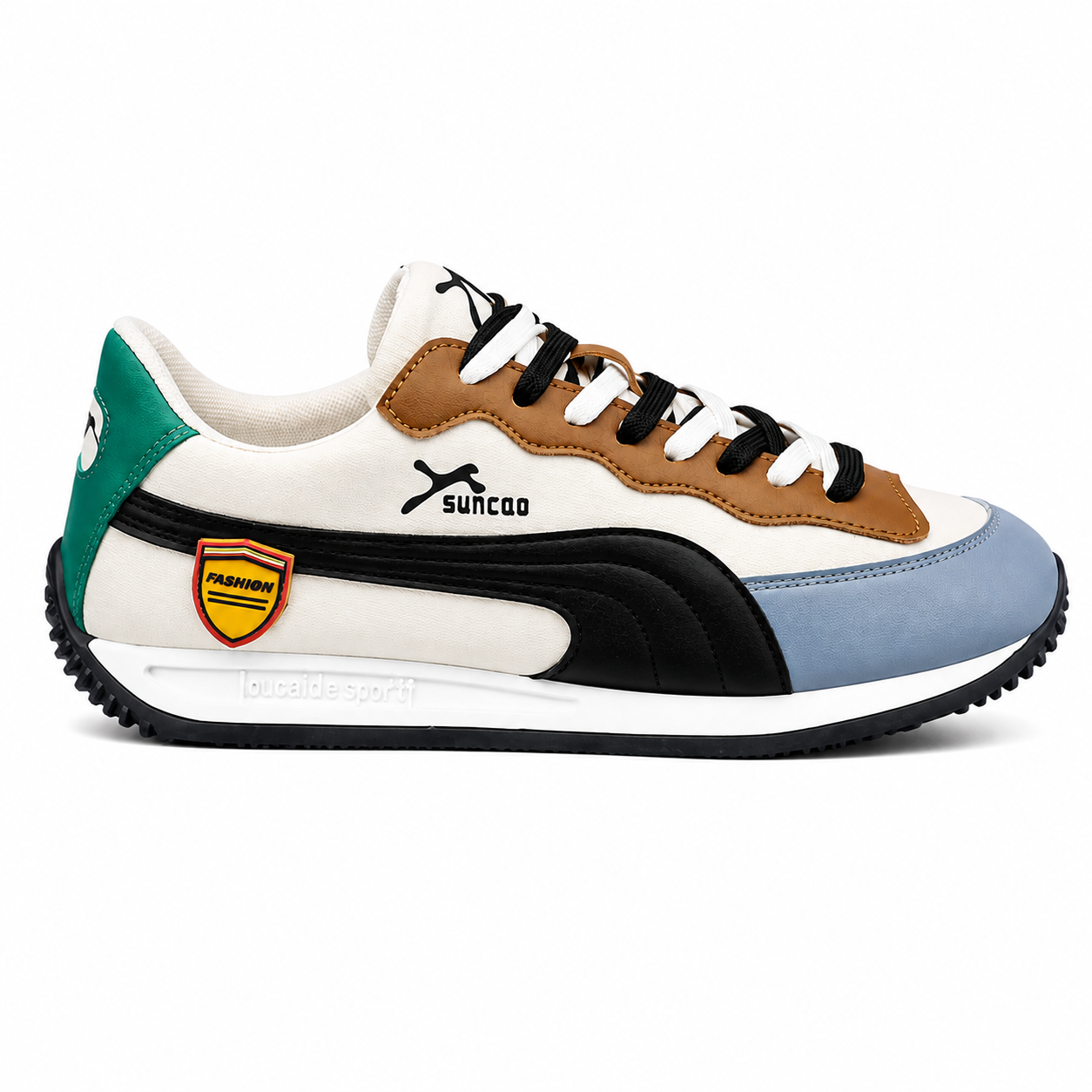 Men’s Retro Colour-Block Lace-Up Trainers  Cream, Blue, Brown & Green Casual Sneakers