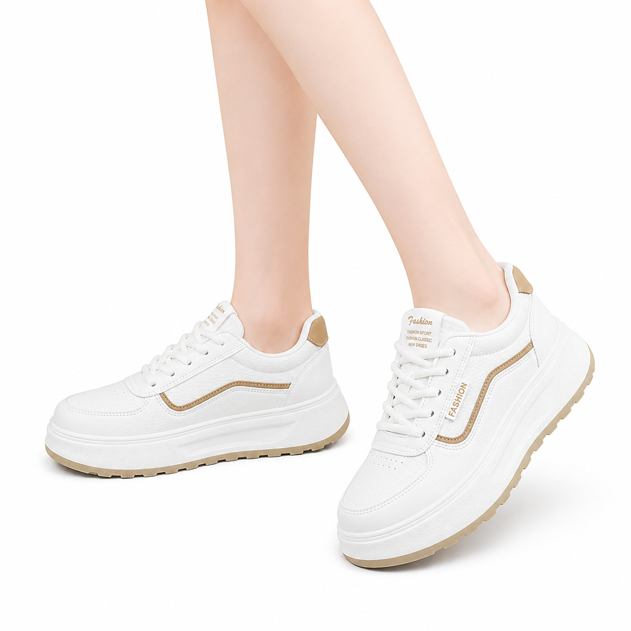 White & Beige Chunky Platform Trainers Lace-Up Casual Fashion Sneakers